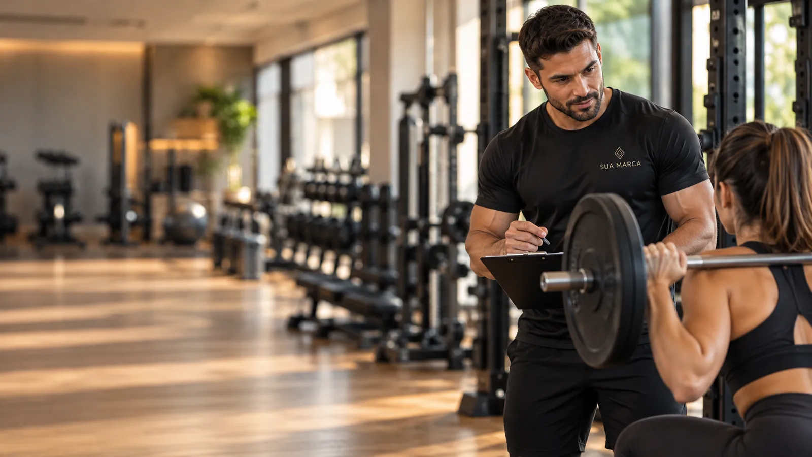 Personal trainer com camiseta dry fit preta com o logo da academia